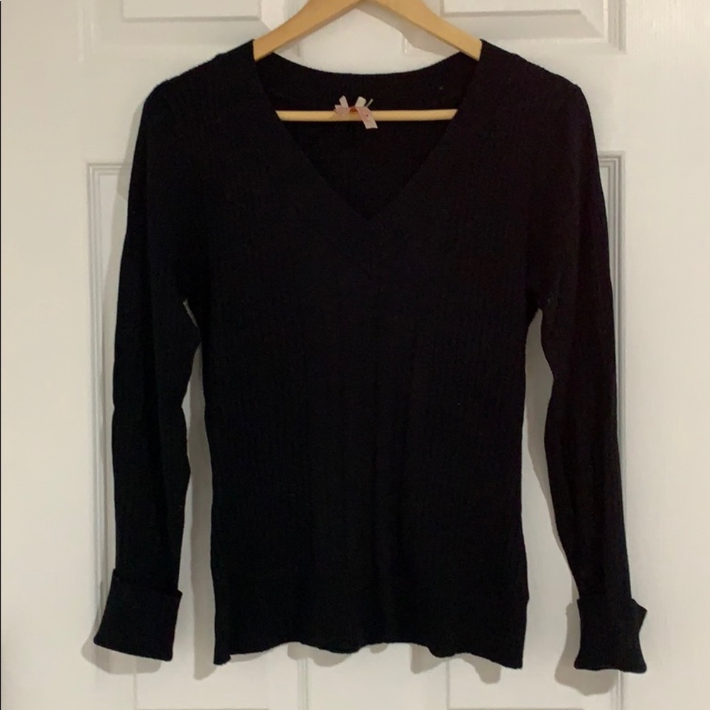 Black V Neck Ribbed Sweater